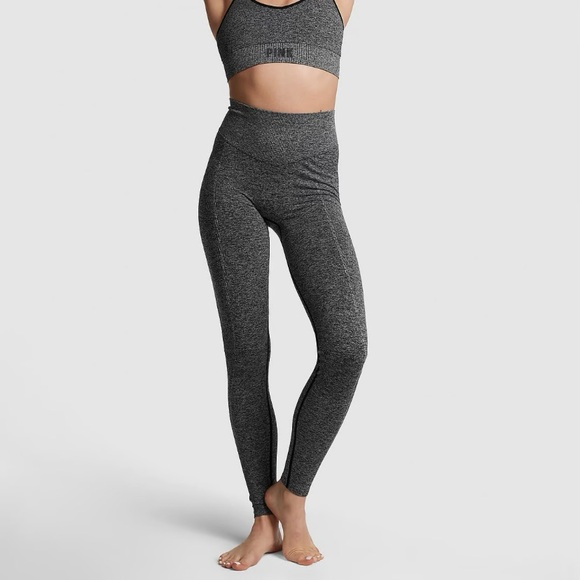 PINK VS SEAMLESS CLASSIC LEGGING Pure Black Marl 7/8 Short Size Large NWT - Picture 2 of 11